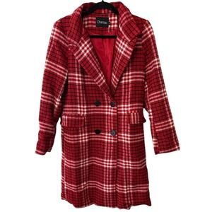 Chartou Womens Red Plaid Double Breasted Pea Coat Notched Lapel‎ Mid Length S